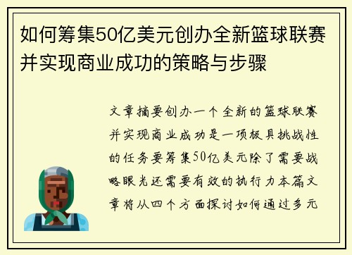 如何筹集50亿美元创办全新篮球联赛并实现商业成功的策略与步骤 如何筹集50亿美元创办全新篮球联赛并实现商业成功的策略与步骤